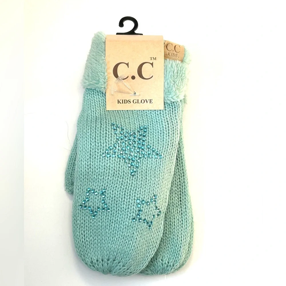 C.C Kids Glove Star Fuzzy Cuff Rhinestone Knit Mitten Gloves Girls Size M-L aqua